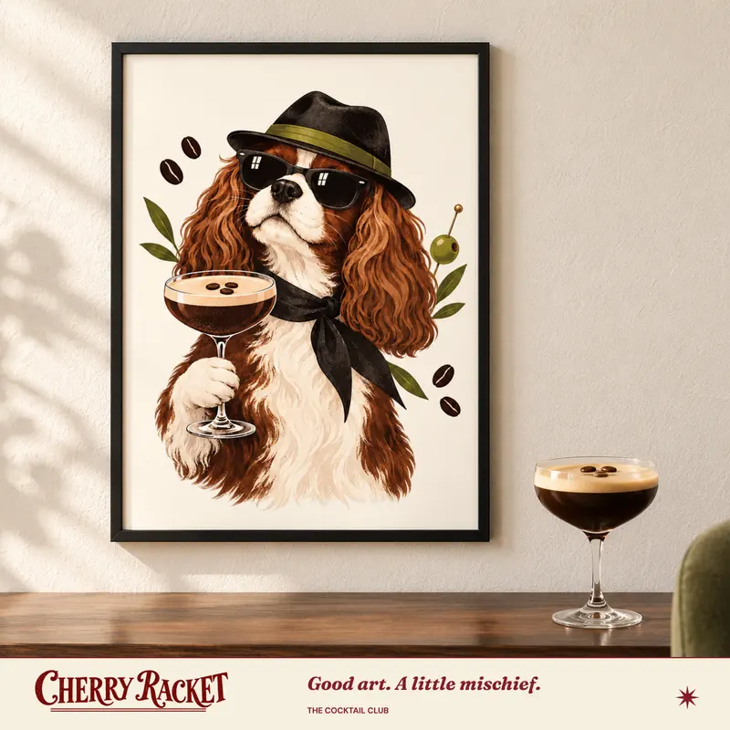 Styled room mockup of the Cavalier Espresso Martini print.
