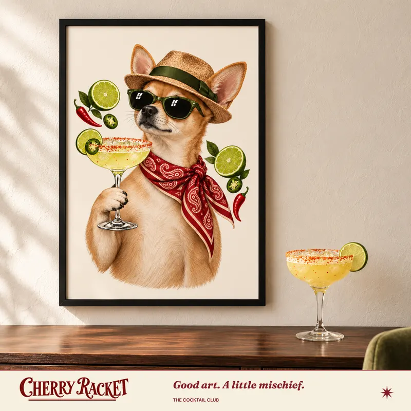 Styled room mockup of the Chihuahua Spicy Margarita print.