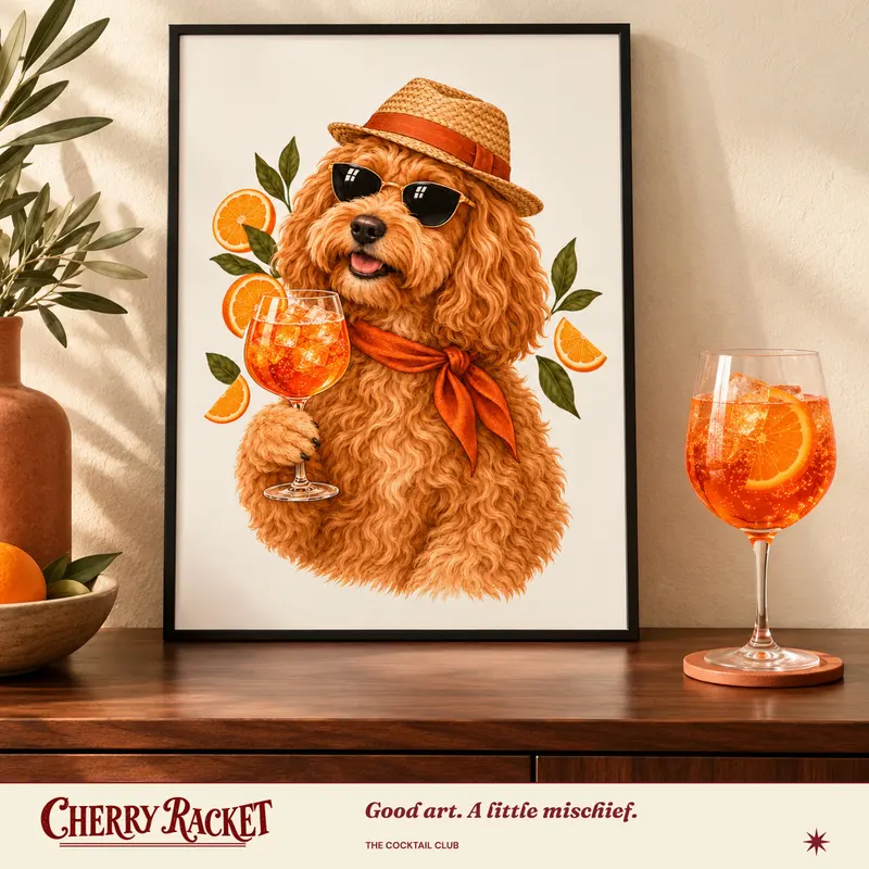 Styled room mockup of the Cockapoo Aperol Spritz print.