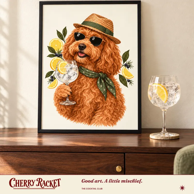 Styled room mockup of the Cockapoo Gin & Tonic print. Frame and styling props not included.