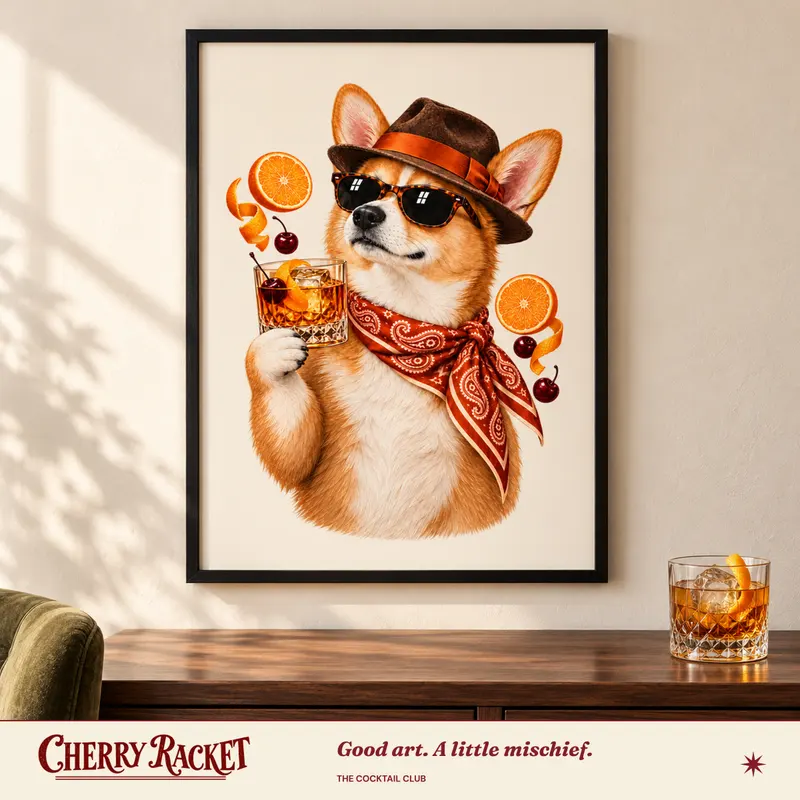 Styled room mockup of the Corgi Old Fashioned print.