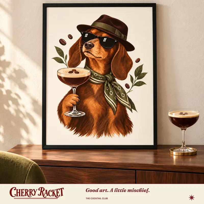 Styled room mockup of the Dachshund Espresso Martini print.