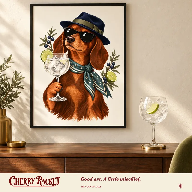 Styled room mockup of the Dachshund Gin & Tonic print. Frame and styling props not included.