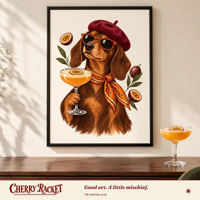 Styled room mockup of the Dachshund Pornstar Martini print.