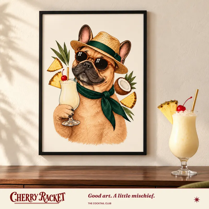 Styled room mockup of the French Bulldog Piña Colada print.