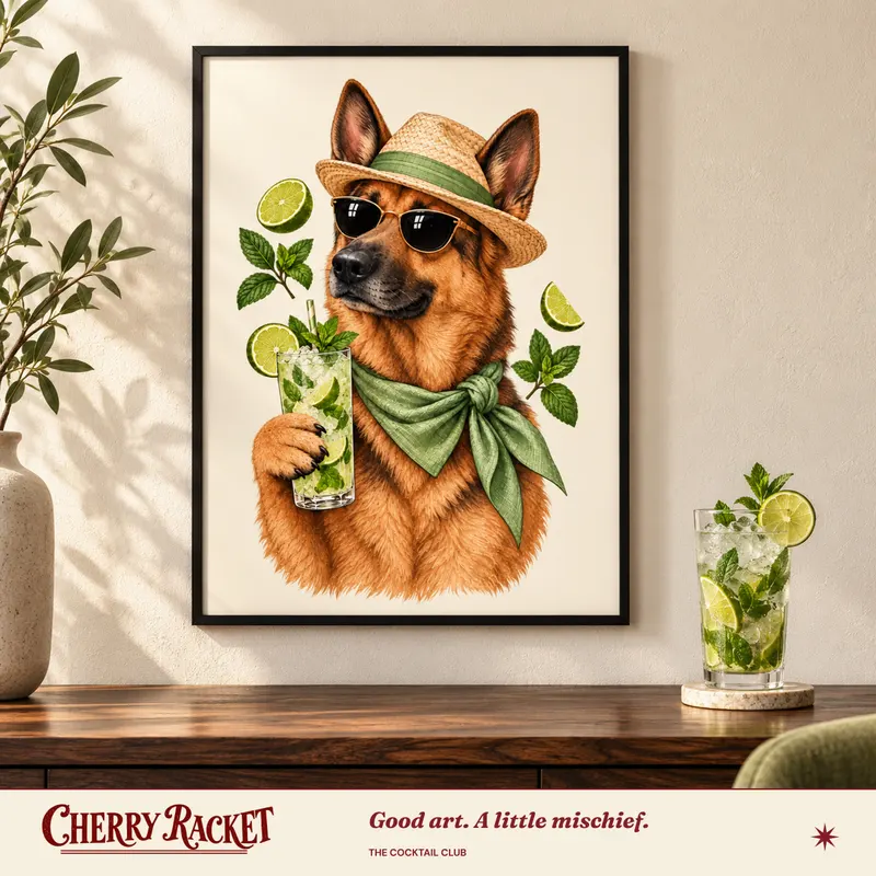 Styled room mockup of the German Shepherd Mojito print.