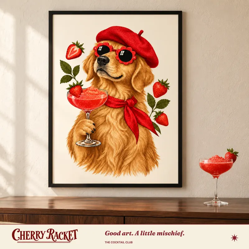 Styled room mockup of the Golden Retriever Strawberry Daiquiri print.