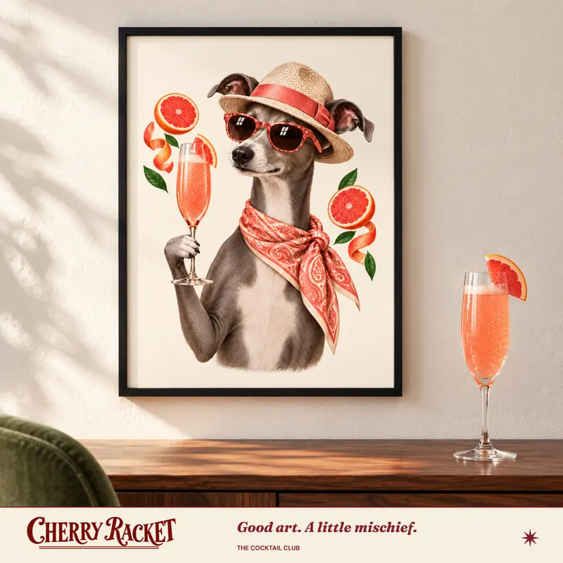 Styled room mockup of the Italian Greyhound Grapefruit Bellini print.