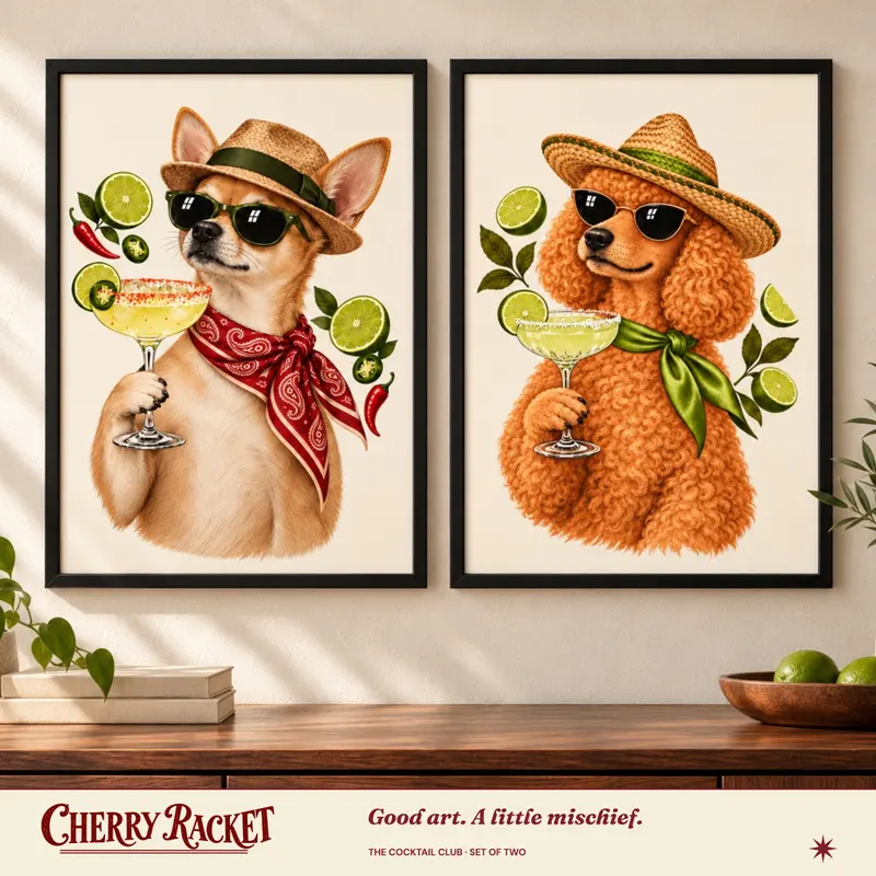 Styled room mockup showing the Chihuahua Spicy Margarita and Poodle Margarita prints together. Frames not included.