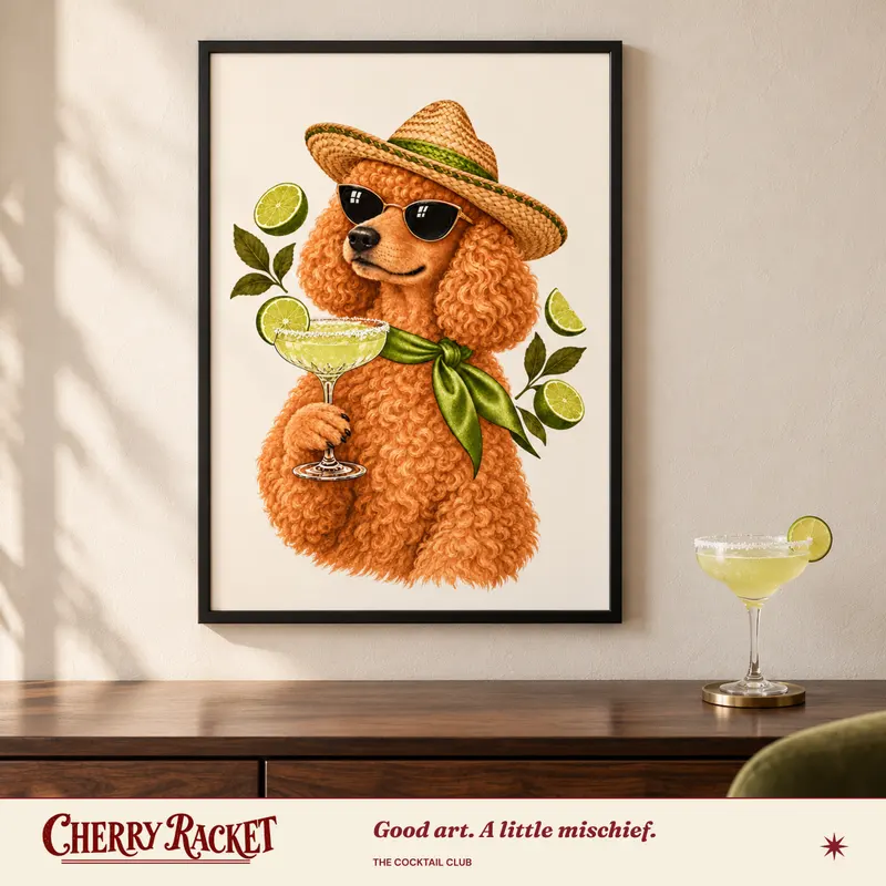 Styled room mockup of the Poodle Margarita print.