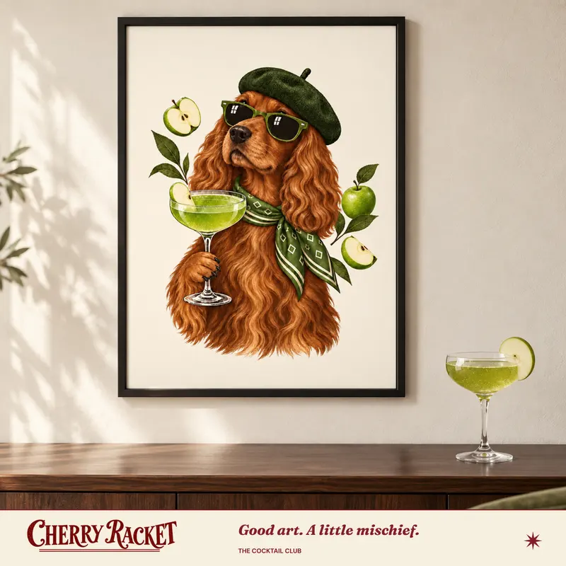 Styled room mockup of the Spaniel Appletini print.